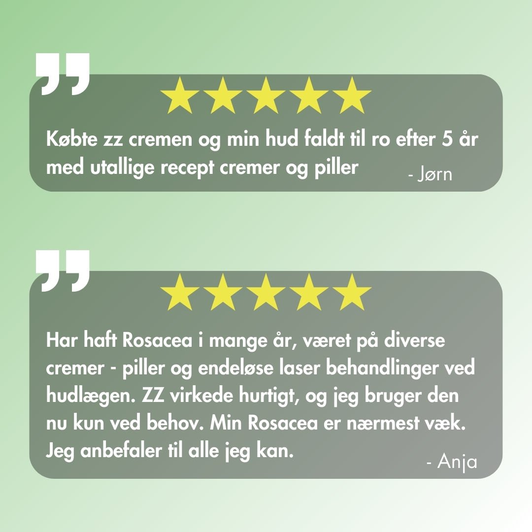 Kundeanmeldelser af ZZ-Cremen mod rosacea, akne, perioral dermatitis og generelt rødme fra NIMO SKIN